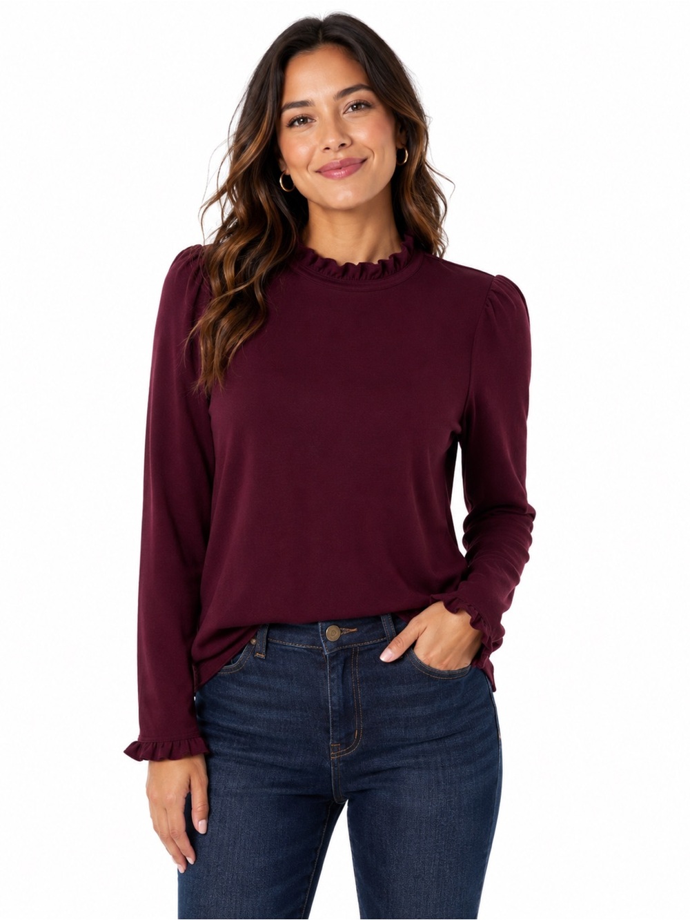 ON 34th Burgundy Ruffle Mock Neck Top XL Puff Sleeve Modal Blend Stretch Blouse